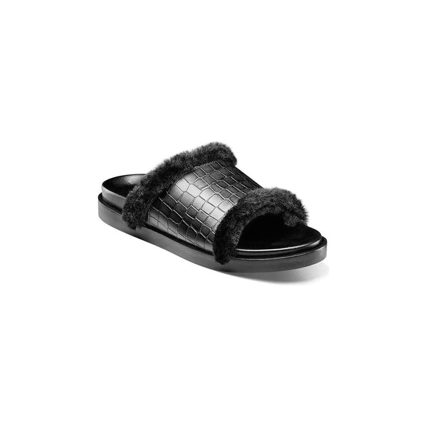 Stacy Adams Monty Slide Sandal Crocodile Print Faux Fur Black 25560-001