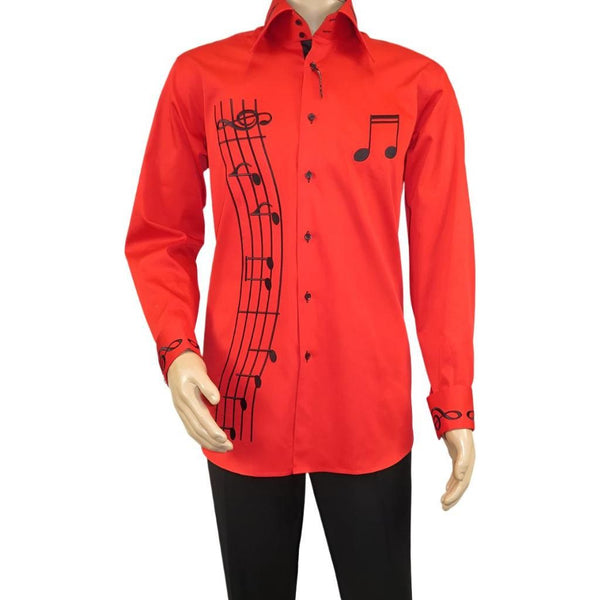 Men Axxess Turkey Shirt 100% Cotton Musical Note 623-05 French Cuffs Red Black