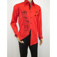 Men Axxess Turkey Shirt 100% Cotton Musical Note 623-05 French Cuffs Red Black