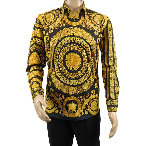 Men's AVM Crystal Shirt Medallion Medusa Cotton Turkey Slim Fit 9628-01 Gold