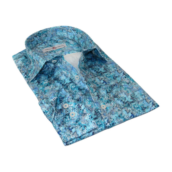 Men's EMILIO CERUTTI Sport Shirt 100% Cotton Long Sleeves #EMC1 Teal Floral