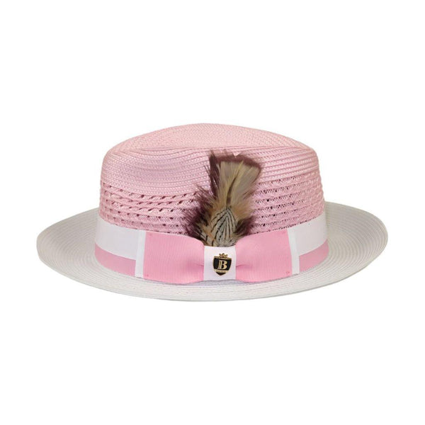 Men's Belvedere 2-Tone Straw Style Fedora Hat Snap Brim BD952 Pink White