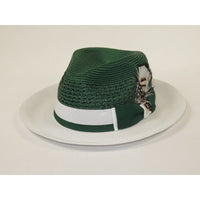 Men's Belvedere 2-Tone Straw Style Fedora Hat Snap Brim BD953 Emerald White