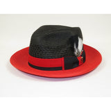 Men's Belvedere 2-Tone Straw Style Fedora Hat Snap Brim BD955 Black/Red