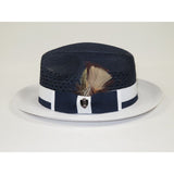 Men's Belvedere 2-Tone Straw Style Fedora Hat Snap Brim BD957 Navy White