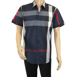 Men's Sports Shirt Clavi By Moderno Checker Plaid Short Sleeves CJSS-203 Navy