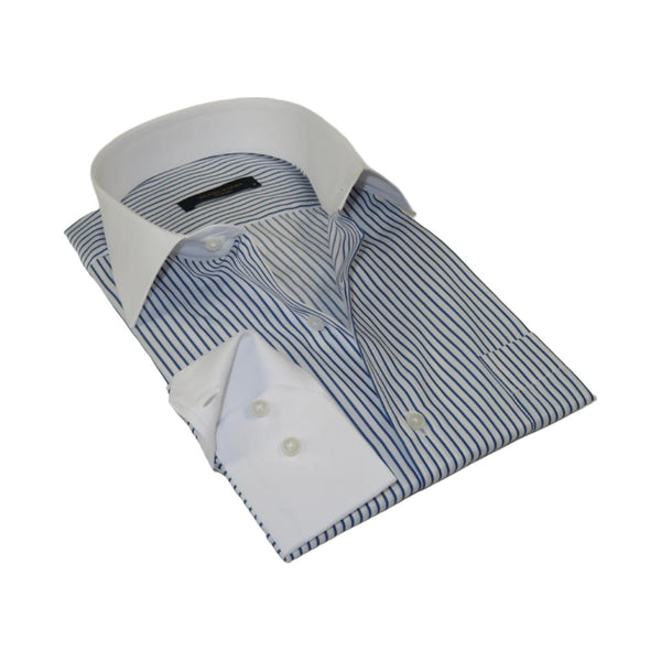 Men's Shirt MARCUZZI Turkey 100% Cotton Marc4 Navy Stripe White Collar and Cuffs