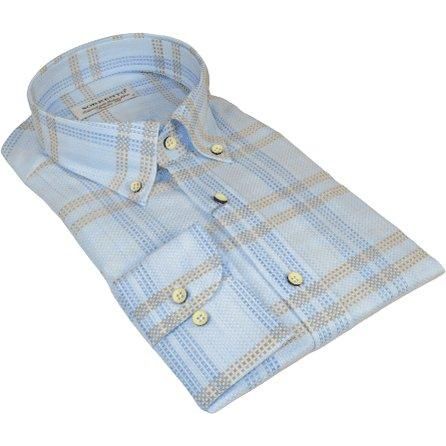 Men 100% Italian Cotton Shirt SORRENTO Turkey Button Down Window Pane 4893 Blue - J.Valintin Men's Wear Legend - 98730