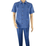 Men 2 pc Stacy Adams leisure suit guayabera traditional matching Set 2203 Blue - J.Valintin Men's Wear Legend - 96199