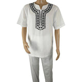 Men 2pc Stacy Adams leisure suit Linen Cotton With Embroidery 3668 white black - J.Valintin Men's Wear Legend - 95926