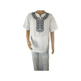 Men 2pc Stacy Adams leisure suit Linen Cotton With Embroidery 3668 white black - J.Valintin Men's Wear Legend - 95926