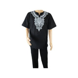 Men 2pc Stacy Adams leisure suit Linen Cotton With Embroidery 3670 Black white - J.Valintin Men's Wear Legend - 95941