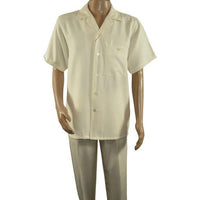 Men 2pc Walking Leisure Suit Short Sleeves By DREAMS 255 - 05 Solid Cream Ivory - J.Valintin Men's Wear Legend - 96096