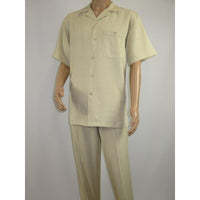 Men 2pc Walking Leisure Suit Short Sleeves DREAMS Plaid Satin 253 - 13 Sand - J.Valintin Men's Wear Legend - 253 - 13 Sand - M