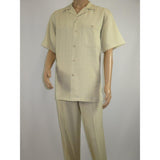 Men 2pc Walking Leisure Suit Short Sleeves DREAMS Plaid Satin 253 - 13 Sand - J.Valintin Men's Wear Legend - 253 - 13 Sand - M