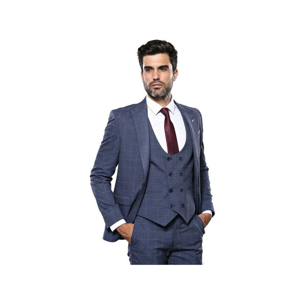 Men 3pc European Suit WESSI by J.VALINTIN Extra Slim Fit JV33 Navy Window Pane - J.Valintin Men's Wear Legend - 16875