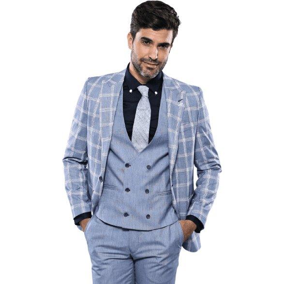 Men 3pc European Vested Suit WESSI by J.VALINTIN Extra Slim Fit JV30 blue plaid - J.Valintin Men's Wear Legend - 16860