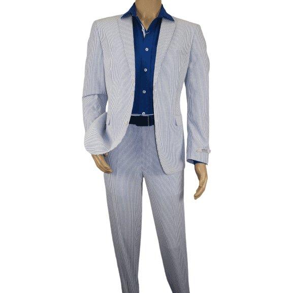 Men ADOLFO Seersucker Suit Stripe Casual Dressy Summer Suit 2 Button C622 Blue - J.Valintin Men's Wear Legend - 108748