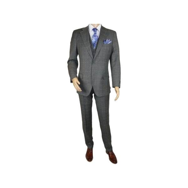 Men Apollo King 3pc Classic Suit A303 Gray white window pane 100% Wool Ship free - J.Valintin Men's Wear Legend - 21458