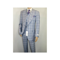 Men Apollo King 3pc Suit Window Pane Plaid 100% Soft Wool Super 150 #985 - 12 Blue - J.Valintin Men's Wear Legend - 99457