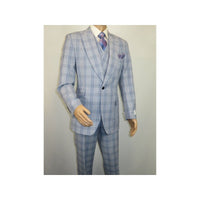 Men Apollo King 3pc Suit Window Pane Plaid 100% Soft Wool Super 150 #985 - 12 Blue - J.Valintin Men's Wear Legend - 99457