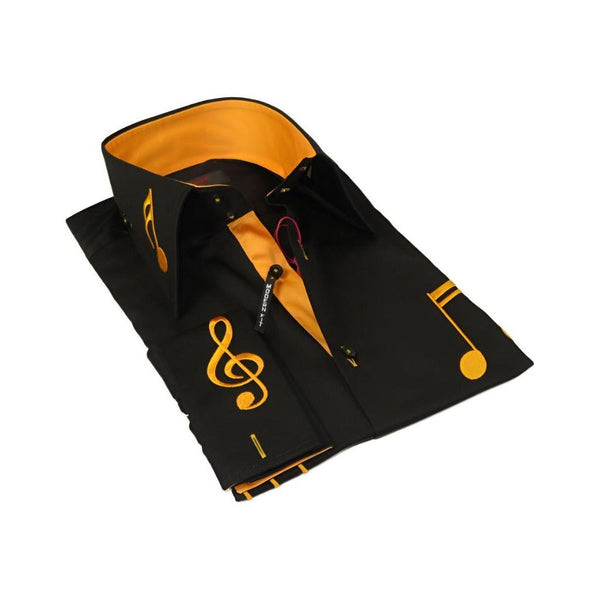 Men Axxess Turkey Shirt 100% Cotton Musical Note 224 - 56 French Cuffs Black Gold - J.Valintin Men's Wear Legend - 224 - 56 Black - M