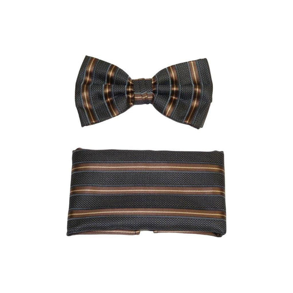 Men Bow Tie Hankie J.Valintin For Formal or Business #BT22 Gray Brown Stripe - J.Valintin Men's Wear Legend - 92522