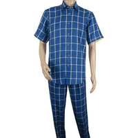 Men INSERCH premium Soft Cool Linen 2pc Walking Leisure suit 7098 Blue Plaid - J.Valintin Men's Wear Legend - 100696