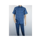 Men INSERCH premium Soft Cool Linen 2pc Walking Leisure suit 7098 Blue Plaid - J.Valintin Men's Wear Legend - 100696