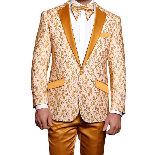 Men Insomnia Manzini Blazer Stage Performer Singer Prom MZN139 Gold Lace Model - J.Valintin Men's Wear Legend - 5916