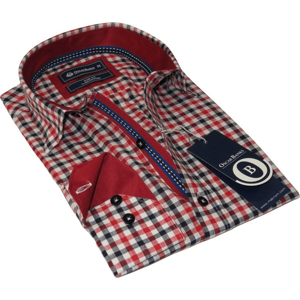 Men Oscar Banks Turkey Shirt All Egyptian Cotton Wrinkle less 5849 - 04 Red Check - J.Valintin Men's Wear Legend - 72291