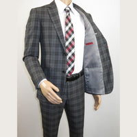 Men RENOIR Suit Two Button Business Formal Slim Fit 294 - 15 Gray English Plaid - J.Valintin Men's Wear Legend - 97670