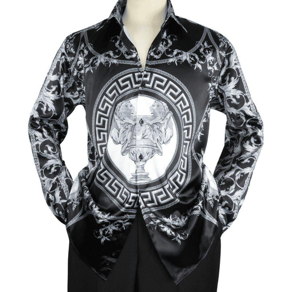 Men Satin Silky Shirt Oscar Banks Turkey Singer Stage Performer 6432 Black Lions - J.Valintin Men's Wear Legend - 74127