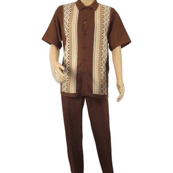 Men Silversilk 2pc Walking Leisure Matching Suit Italian Woven Knits 71003 Brown - J.Valintin Men's Wear Legend - 71003 - Brown - M