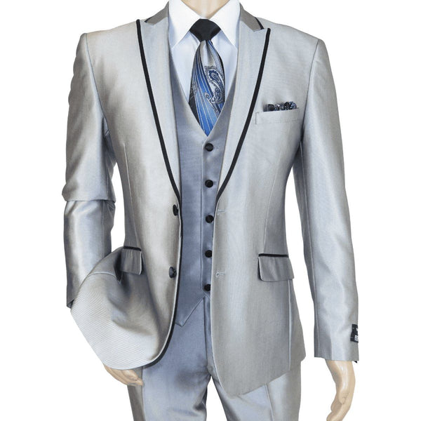 Men Tuxedo Formal Suit ROYAL DIAMOND Slim Fit 3Pc Vested shiny Satin SL82 Silver - J.Valintin Men's Wear Legend - 8150