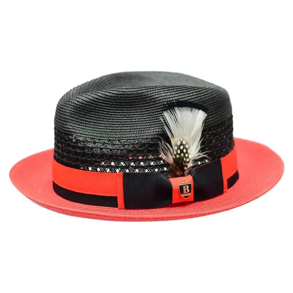 Men's Belvedere 2 - Tone Straw Style Fedora Hat Snap Brim BD955 Black/Red - J.Valintin Men's Wear Legend - BD955 - Blk Red - S