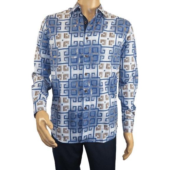 Mens Sports Shirt by DE - NIKO Long Sleeves Fashion Prints Soft Modal DSA114 Blue - J.Valintin Men's Wear Legend - 99389