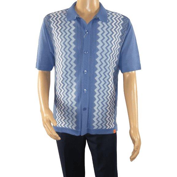 Mens Stacy Adams Italian Style Knit Woven Shirt Short Sleeves 3118 Denim Blue - J.Valintin Men's Wear Legend - 94864