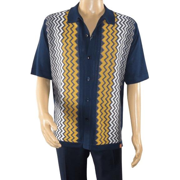 Mens Stacy Adams Italian Style Knit Woven Shirt Short Sleeves 3118 Navy Blue - J.Valintin Men's Wear Legend - 94858