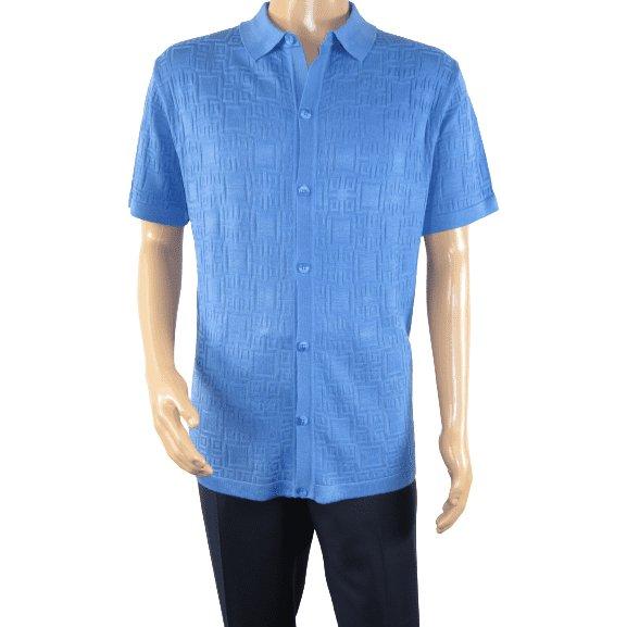 Mens Stacy Adams Italian Style Knit Woven Shirt Short Sleeves 3128 Denim Blue - J.Valintin Men's Wear Legend - 94900