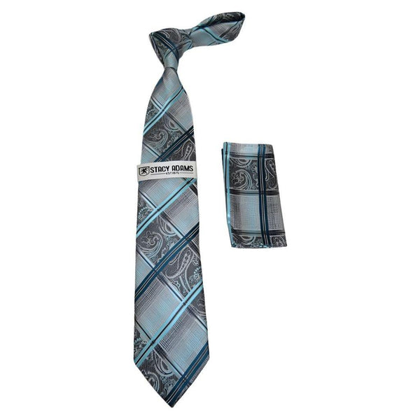 Men's Stacy Adams Necktie and Hankie Set Fancy Design Silky Look SAT3 Teal - J.Valintin Men's Wear Legend - sat3