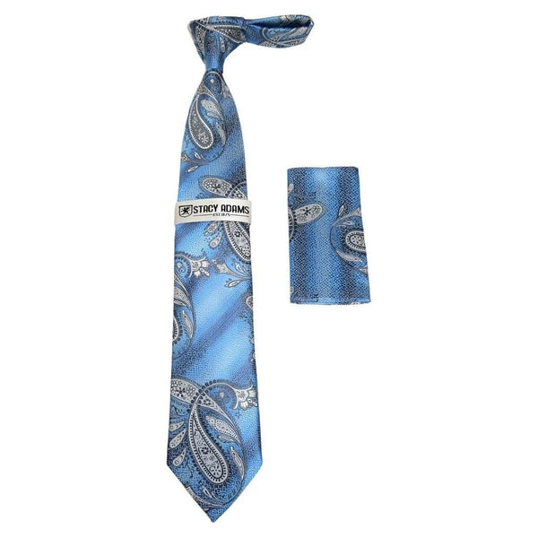 Men's Stacy Adams Necktie and Hankie Set Fancy Design Silky Look SAT46 Blue - J.Valintin Men's Wear Legend - sat46