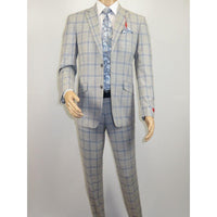 Mens Suit RENOIR English Plaid Window Pane Stretch Comfort Slim Fit 293 - 15 Gray - J.Valintin Men's Wear Legend - 293 - 15 Gray - 38S