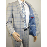 Mens Suit RENOIR English Plaid Window Pane Stretch Comfort Slim Fit 293 - 15 Gray - J.Valintin Men's Wear Legend - 293 - 15 Gray - 38S