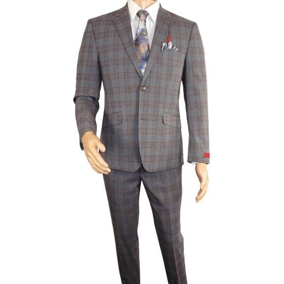 Mens Suit RENOIR English Plaid Window Pane Stretch Slim Comfort 293 - 7 Gray Brown - J.Valintin Men's Wear Legend - 19117