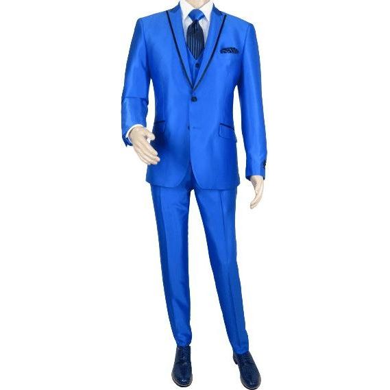 Mens Tuxedo Formal Suit ROYAL DIAMOND Slim Fit 3Pc Vested shiny Satin SL83 Blue - J.Valintin Men's Wear Legend - 8137